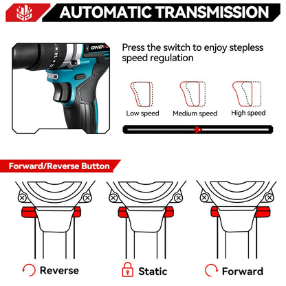 Trapano elettrico brushless ONEVAN 1500W, avvitatore a batteria, martello perforatore per lavorazione del legno, utensile elettrico compatibile con batteria Makita 18V.