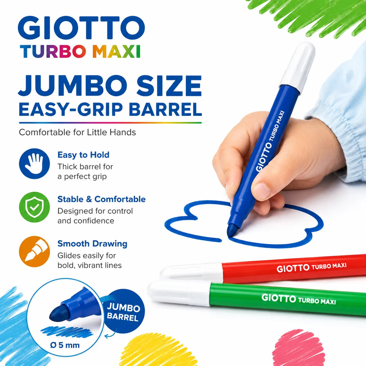 Pennarelli Lavabili GIOTTO Turbo Maxi 12 Colori Punta Larga 5mm per Disegno e Colorazione Bambini Scuola Arte