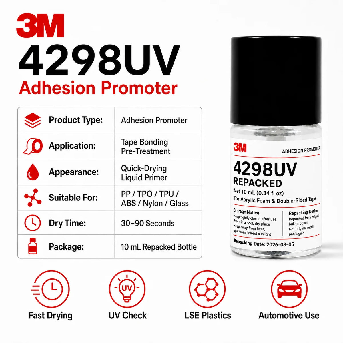 3M 4298UV Promotore di Adesione per Nastro Biadesivo in Schiuma Acrilica per Settore Automobilistico, Adesivo per Fissaggio di Rivestimenti in Plastica PP TPO EPDM ABS, 10ML