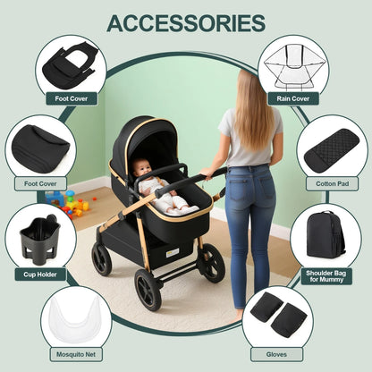 Passeggino 3 in 1 High Landscape per Neonati, Carrozzina Pieghevole Portatile di Lusso con Seggiolino Auto e Navicella da Viaggio