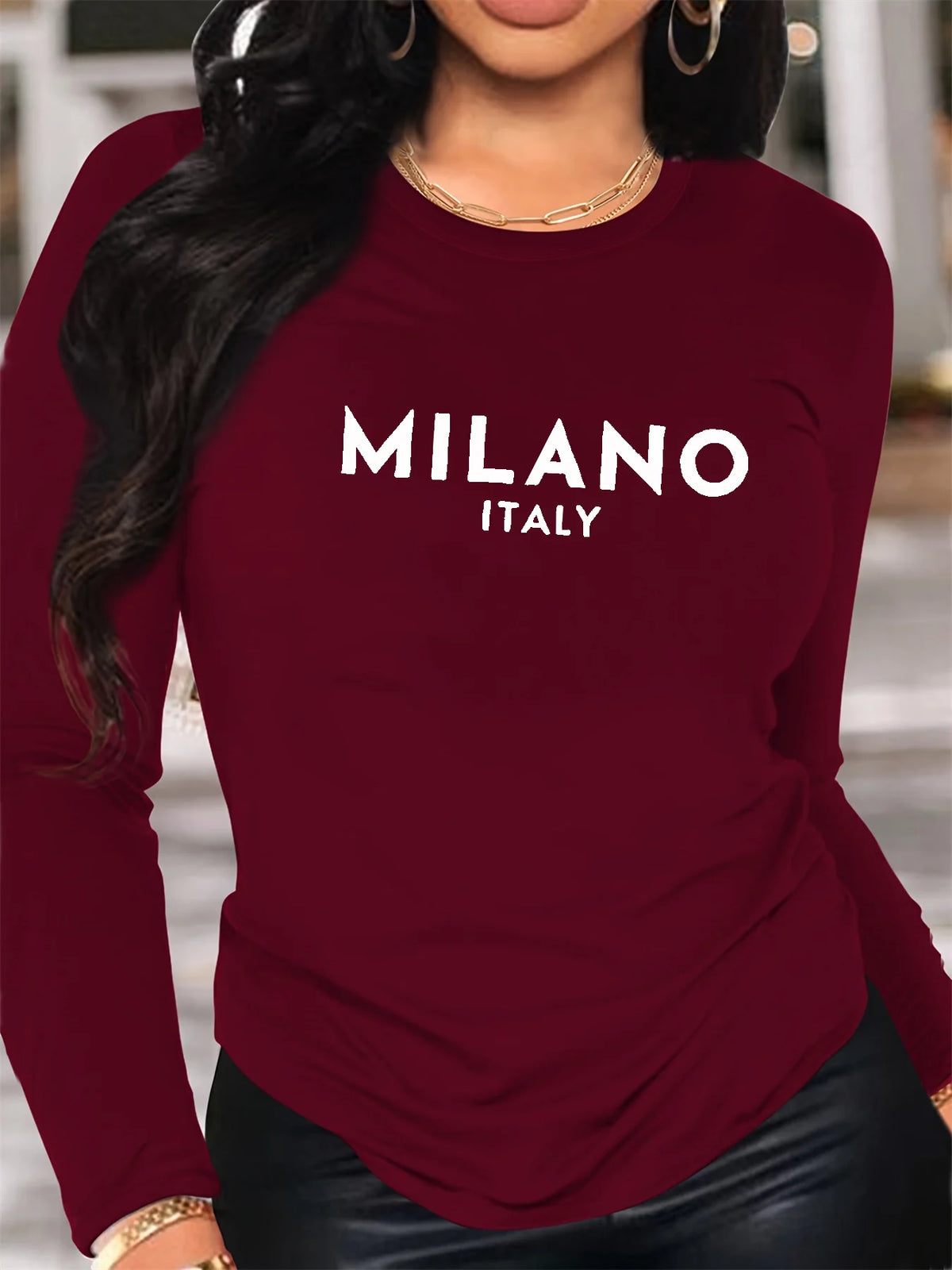T-Shirt da Donna 100% Cotone Puro, Manica Lunga, Stampa MILANO ITALIA, Collo Tondo, Comoda e Casual per Primavera e Autunno
