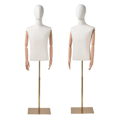 Manichino Regolabile per Sartoria ed Esposizione, Torso Femminile con Testa e Braccia Staccabili, Supporto Dorato Regolabile in Altezza, con Rivestimento in Lino, per Abbigliamento Donna, Uomo, Bambino e Esposizione Gioielli