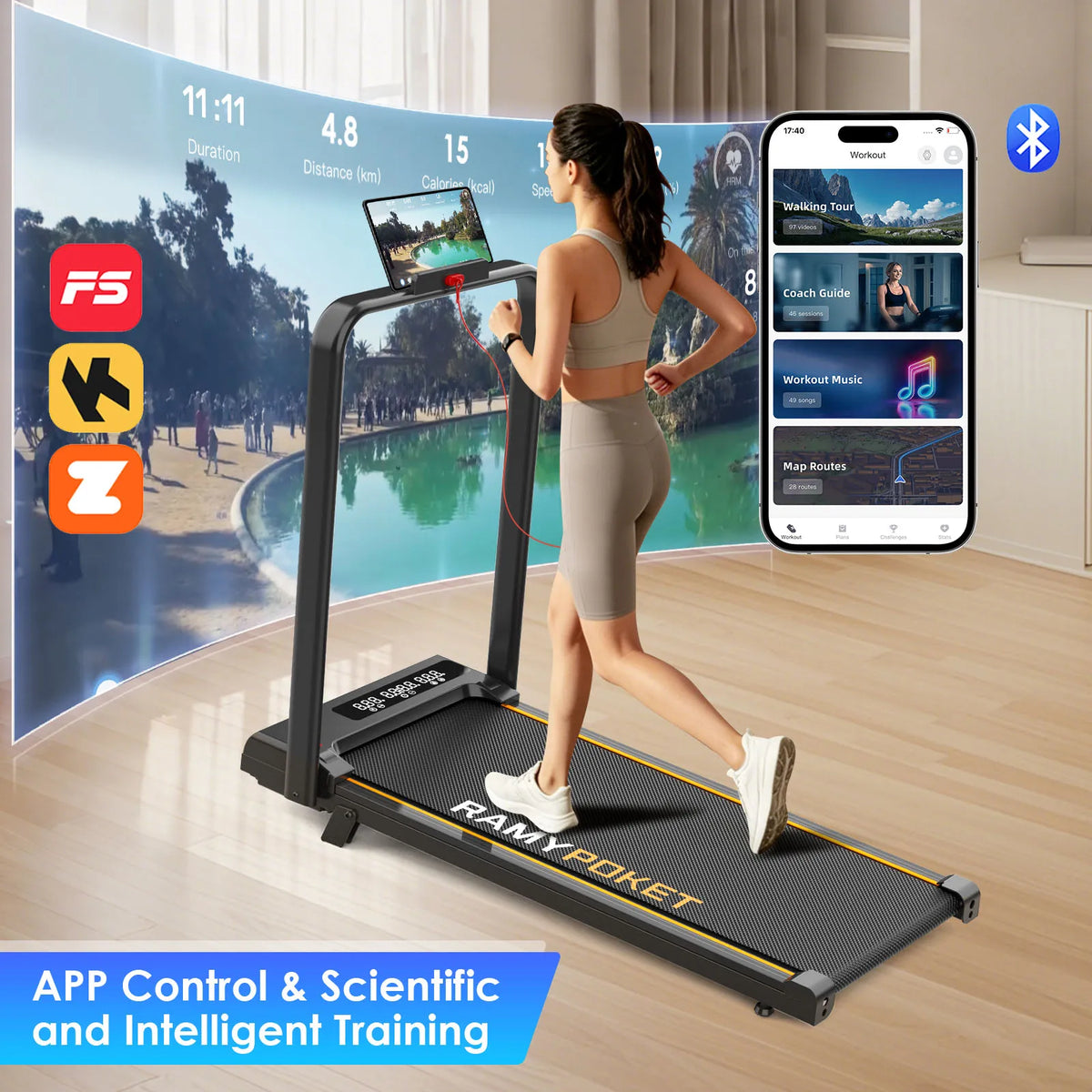 Tapis roulant con inclinazione del 9%, silenzioso, 2.5HP, 1-10km/h, APP e LED, tapis roulant con maniglia, tapis roulant per casa, 150kg