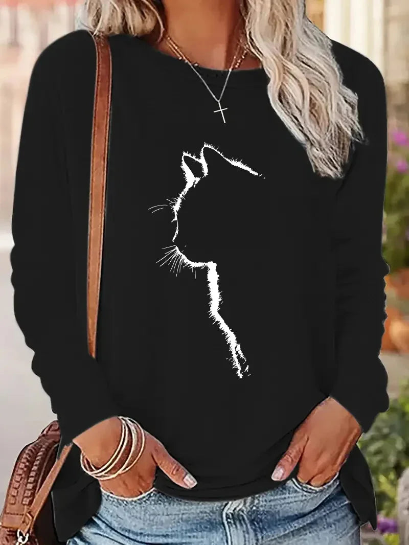 Maglietta a maniche lunghe con stampa di gatti in stile kawaii, maglietta vintage con stampa alla moda, maglietta da donna con stampa, top con scollo rotondo, t-shirt.