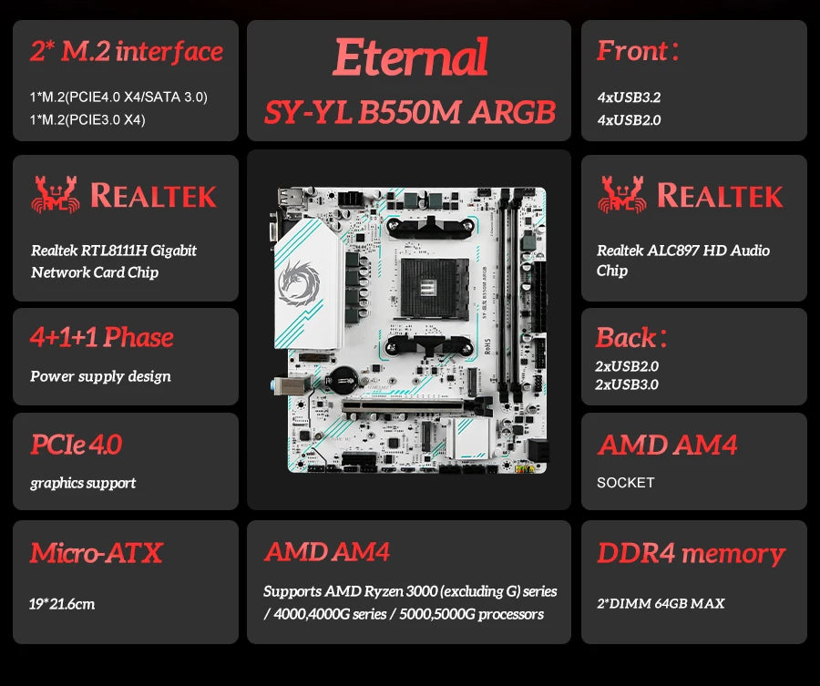 Scheda madre da gioco SOYO AMD B550M USB3.0 PCIE3.0 M.2 NVME Dual Channel DDR4 AM4 Socket supporta CPU Ryzen 5500 5600 5700X