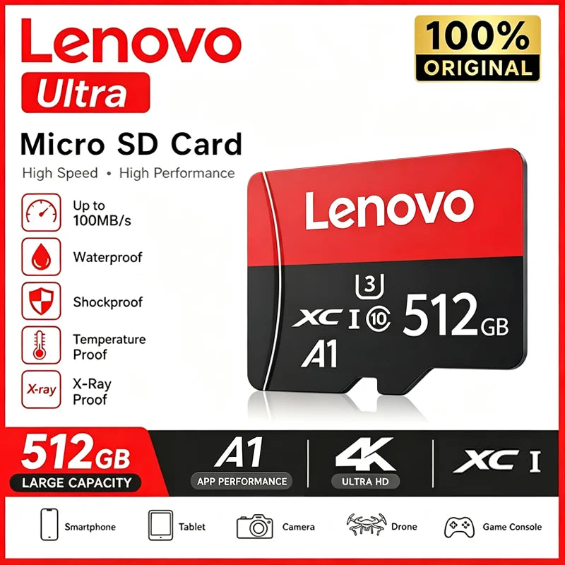 Scheda TF Lenovo ad Alta Velocità 512GB per Videosorveglianza, Micro SD 128GB 1TB, Scheda di Memoria ad Alta Durabilità Classe 10 U3 per Telecamera CCTV e Dashcam