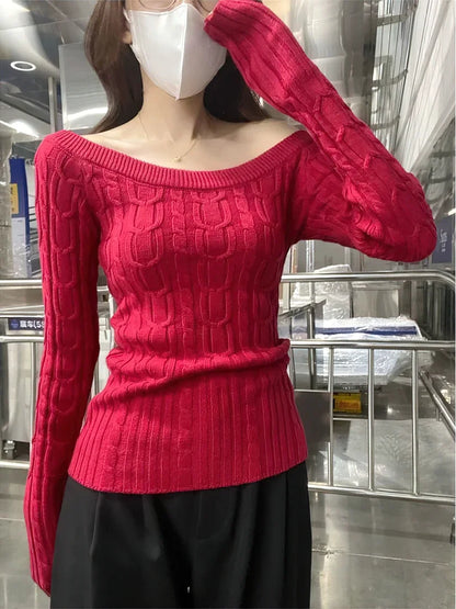 Maglione casual a coste con spalle scoperte, pullover da donna a maniche lunghe, maglietta basic bianca, pullover slim, top sexy da donna con una spalla scoperta, nuovo