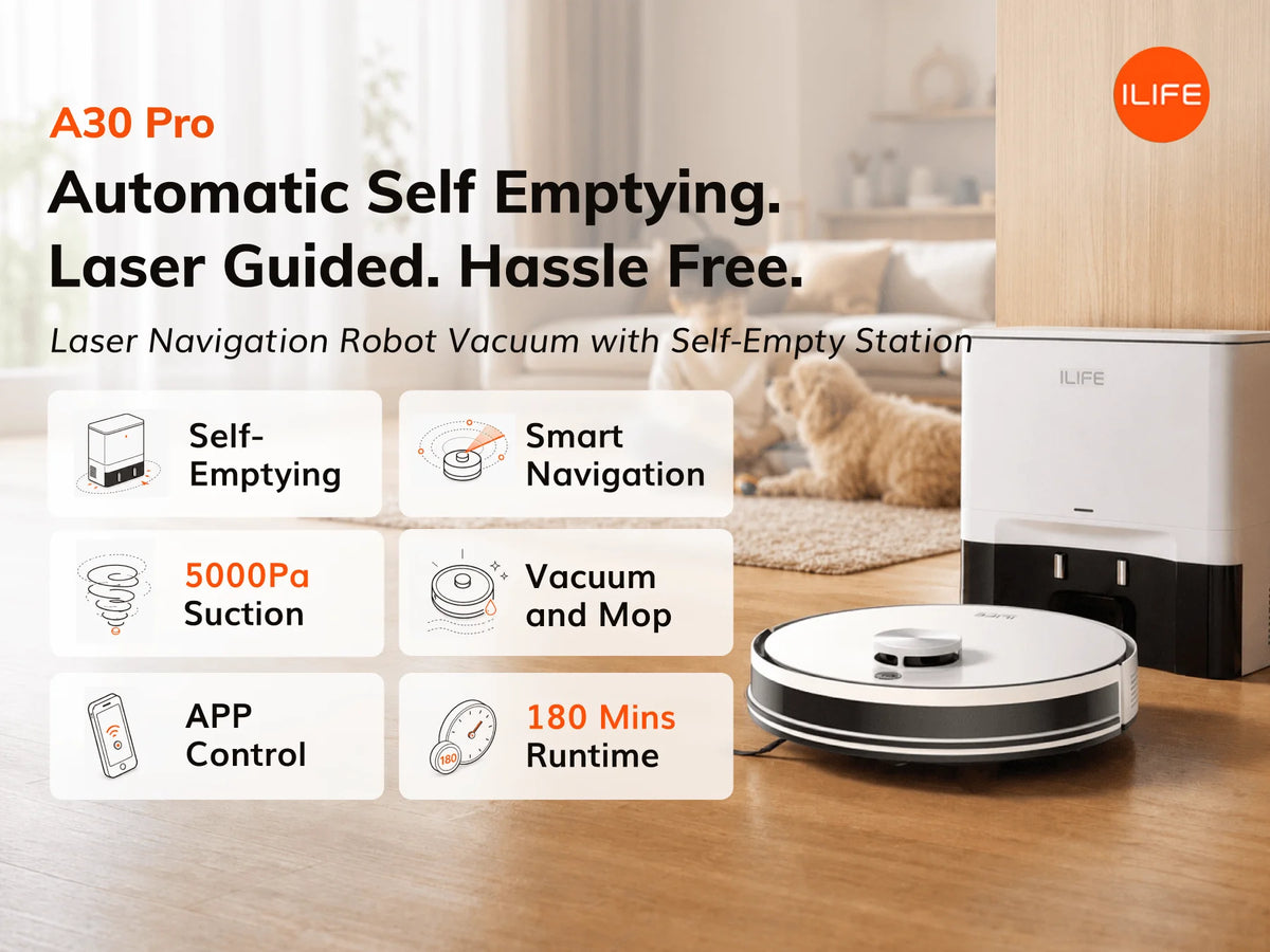 Robot Aspirapolvere ILIFE A30 Pro con Stazione di Svuotamento Automatico, Forte Aspirazione 5000Pa, Navigazione LDS, 180 Minuti di Autonomia, Funzione 2-in-1 Lavaggio e Spazzamento, Controllo APP, Pulizia di Pavimenti e Tappe