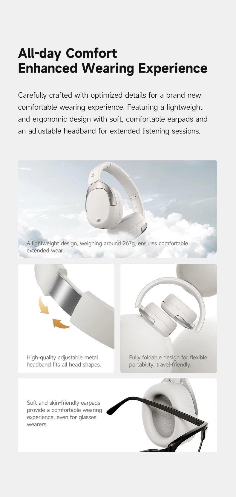 Cuffie Wireless Over-Ear EDIFIER W830NB - ANC -45dB, Hi-Res LDAC, Bluetooth 5.4, 94 Ore di Riproduzione, Ricarica Rapida, Pieghevoli, Chiamate Multipoint AI, App ConneX