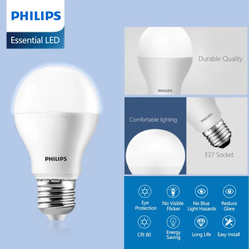 Philips LED E27 Lampadina Essenziale 5W 7W 9W 11W 13W 15W 19W Lampada 23W 3000K 6500k Bianco 220V-240V Luce LED originale per la casa Economia, 1x
