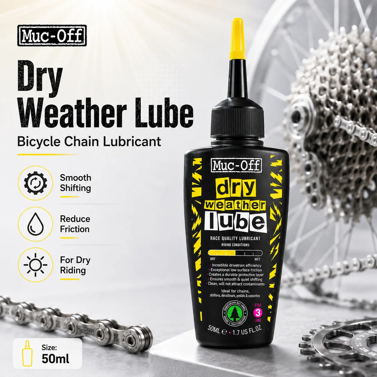 Lubrificante per Catene Muc-Off 50ml, per Uso a Secco o Bagnato, Adatto a Tutte le Condizioni Atmosferiche, Riduce l'Attrito e Garantisce Cambi Fluidi per Biciclette da Strada e MTB