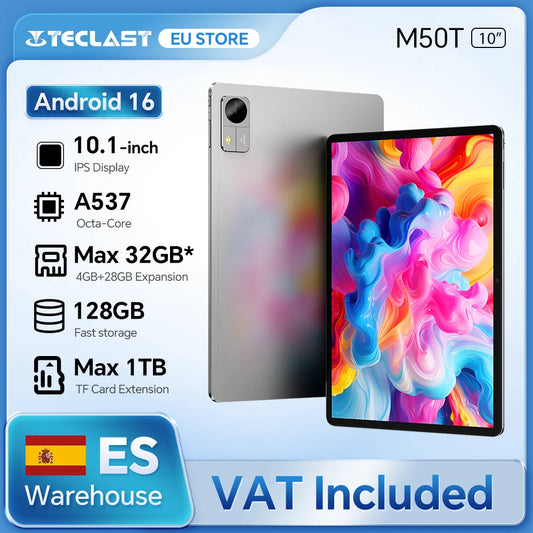Tablet Teclast M50T 2026 da 10.1" IPS, Gemini AI, Android 16, fino a 32 GB RAM (4+28 GB virtuali), 128 GB ROM, ottacore A537, batteria 7000mAh, Type-C, microSD espandibile fino a 1 TB e Wi-Fi 6