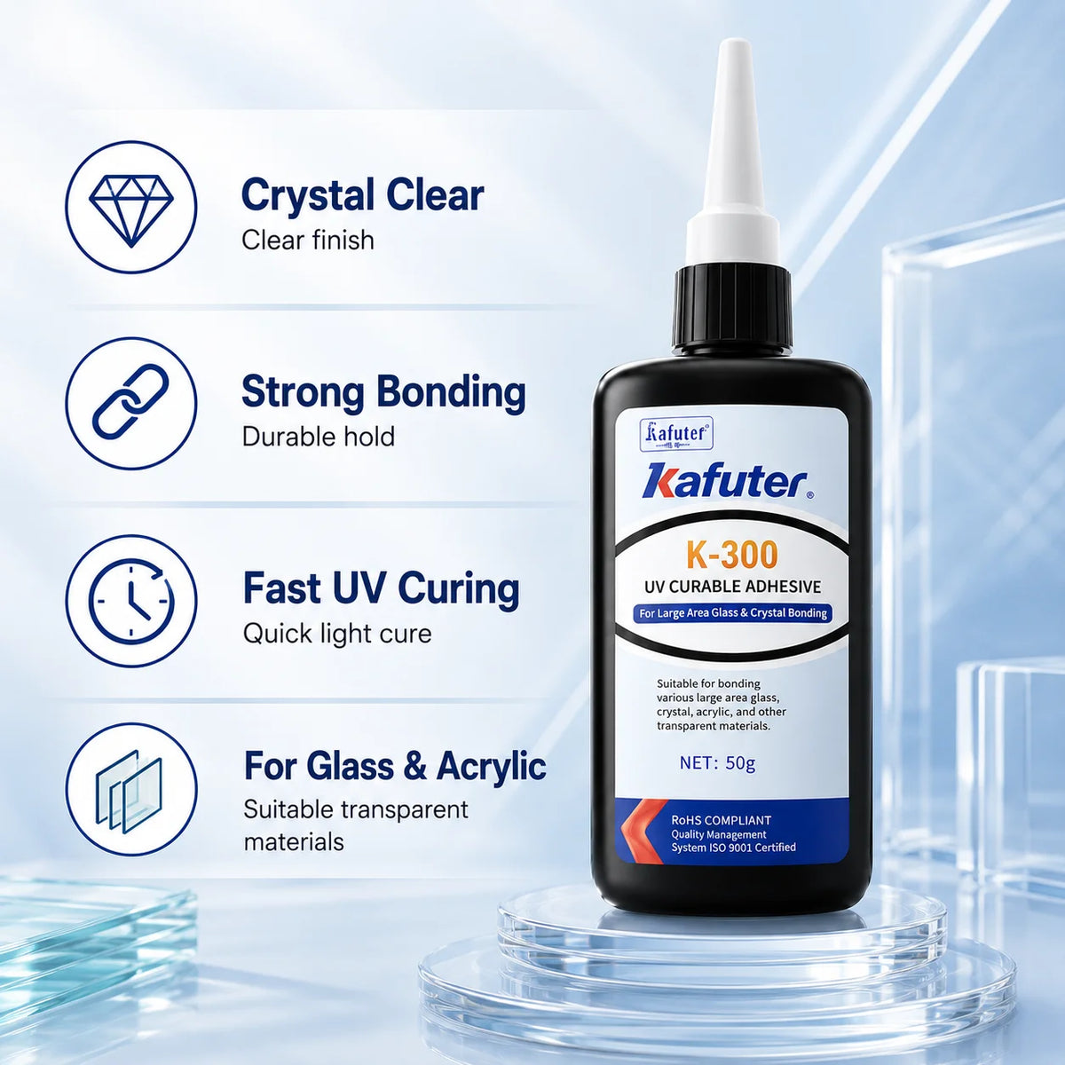 Adesivo UV Kafuter K-300 K-302 K-303 K-306, Colla Trasparente per Vetro, Acrilico e Cristallo, per Riparazioni Fai-da-Te, 50g