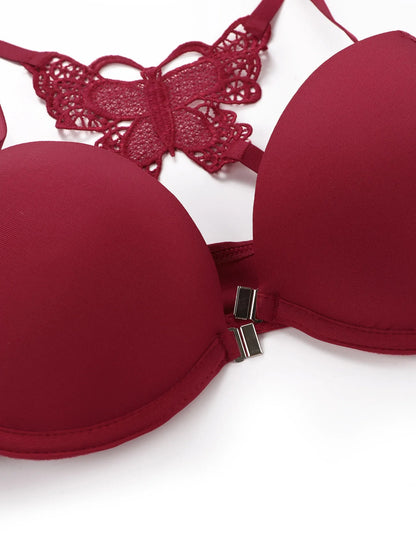 Set da 2 pezzi di vendita caldo di reggiseno rosso sexy con bottoni frontali bellissimo reggiseno moda farfalla posteriore push up set da donna A2120