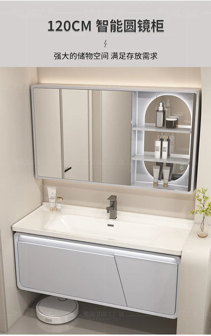 Mobile Bagno Moderno Intelligente con Lavabo Integrato in Ceramica, Armadietti in Rovere, Specchio LED e Mobiletto - Arredamento Bagno