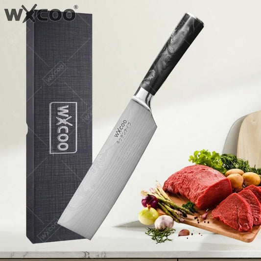 Coltelli da Cucina WXCOO, Set di Coltelli Giapponesi in Acciaio Damascato con Taglio Laser, Coltello Santoku, Mannaia per Carne, Coltello per Disossare e Tagliare Frutta per Cucinare