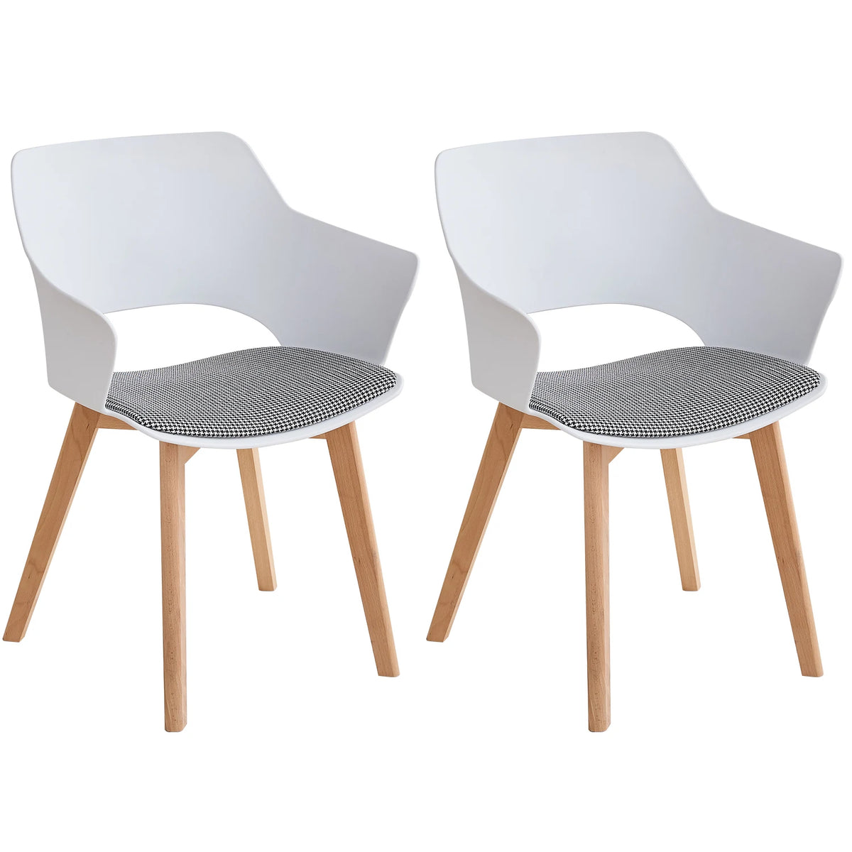 Sedie da pranzo moderne da 2 pezzi con braccioli - Guscio in PP + Gambe in legno + Cuscino in tessuto pied de poule per cucina, soggiorno, caffè