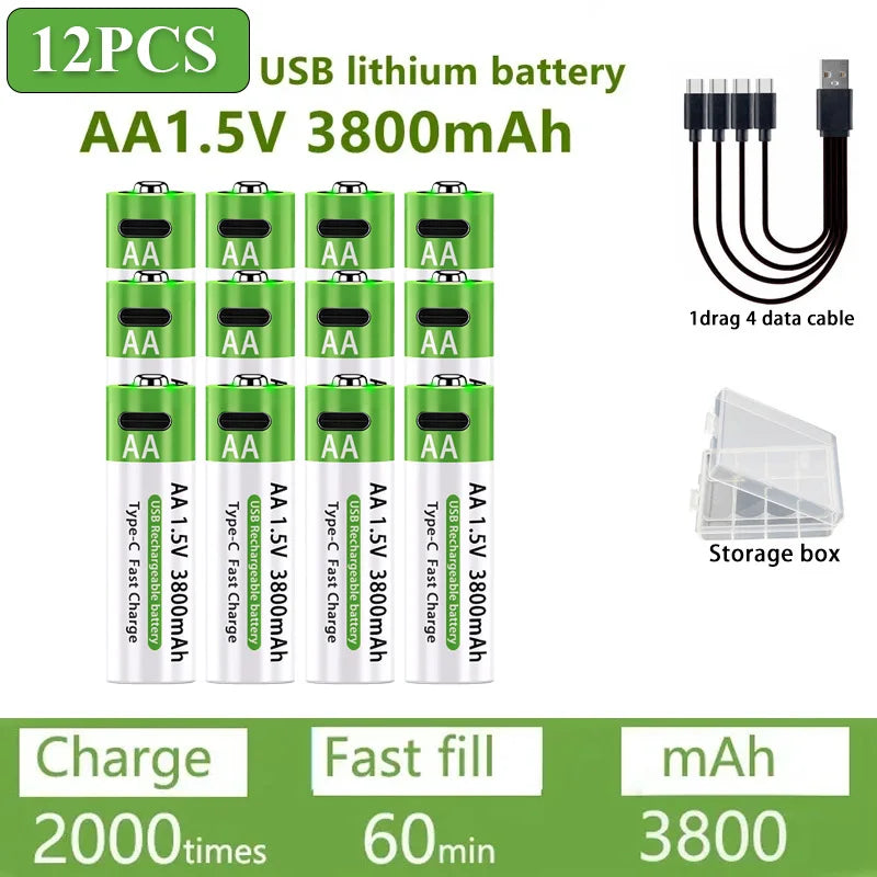 Nuove Batterie al Litio Ricaricabili AA 1.5V 3800mAh + AAA 3000mAh, Ricarica Rapida, 1200 Cicli, con Cavi Gratuiti e Scatola