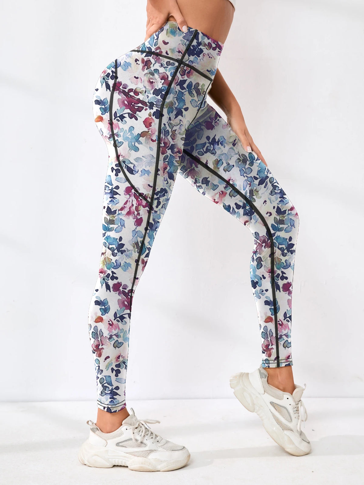 Pantaloni fitness da donna con tasca a vita alta stampati abbinati a pantaloni da yoga addominali attillati, adatti per correre, escursioni e sp