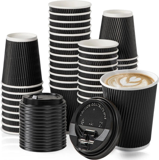 Tazze da caffè usa e getta nere da 12 OZ con coperchi Tazze ondulate a tripla parete per andare a caldo Bicchieri di carta isolati per bevande calde Home Office