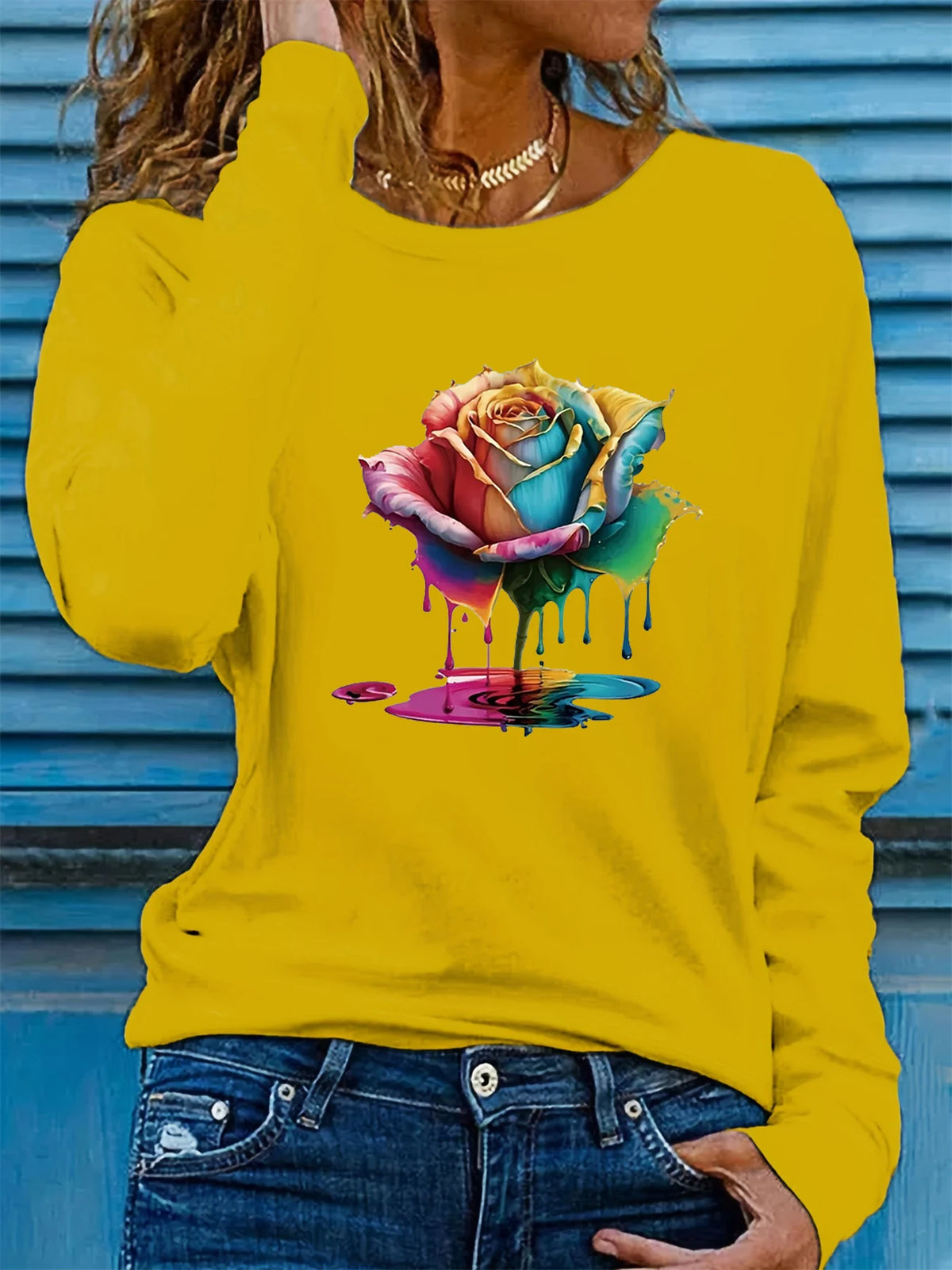 T-shirt da donna in 100% puro cotone, a maniche lunghe, con scollo rotondo, stile casual, con stampa grafica floreale, vestibilità ampia, ideale per la primavera e l'autunno.