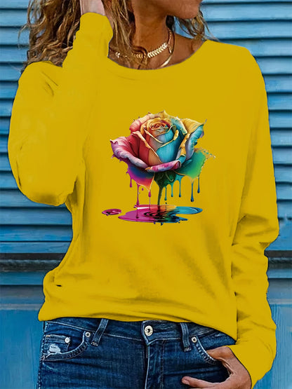 T-shirt da donna in 100% puro cotone, a maniche lunghe, con scollo rotondo, stile casual, con stampa grafica floreale, vestibilità ampia, ideale per la primavera e l'autunno.