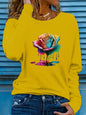 T-shirt da donna in 100% puro cotone, a maniche lunghe, con scollo rotondo, stile casual, con stampa grafica floreale, vestibilità ampia, ideale per la primavera e l'autunno.