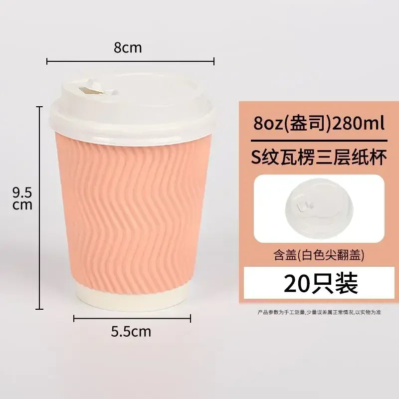 20 set di bicchieri di carta usa e getta colorati, onde di carta ondulata, antiscottatura, tazze da tè al latte, tazze da caffè confezionate da asporto con coperchio