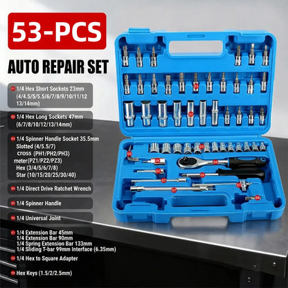 Set di Chiavi a Bussola da 53/82/108/151 Pezzi con Attacco da 1/4", 3/8", 1/2" e Kit di Punte a Cricchetto per Riparazione Auto e Moto, Utensili Manuali da Meccanico con Valigetta