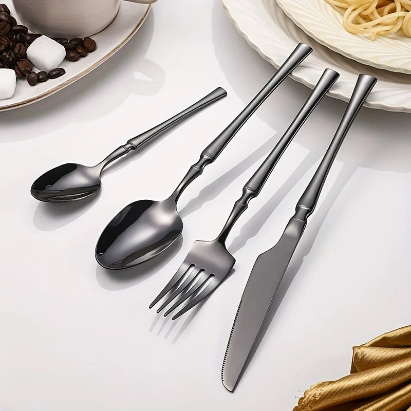 Set di posate in acciaio inossidabile nero da 40/60 pezzi, lucidato a specchio, include forchette da tavola, coltelli da bistecca e cucchiai da zuppa, adatto per
