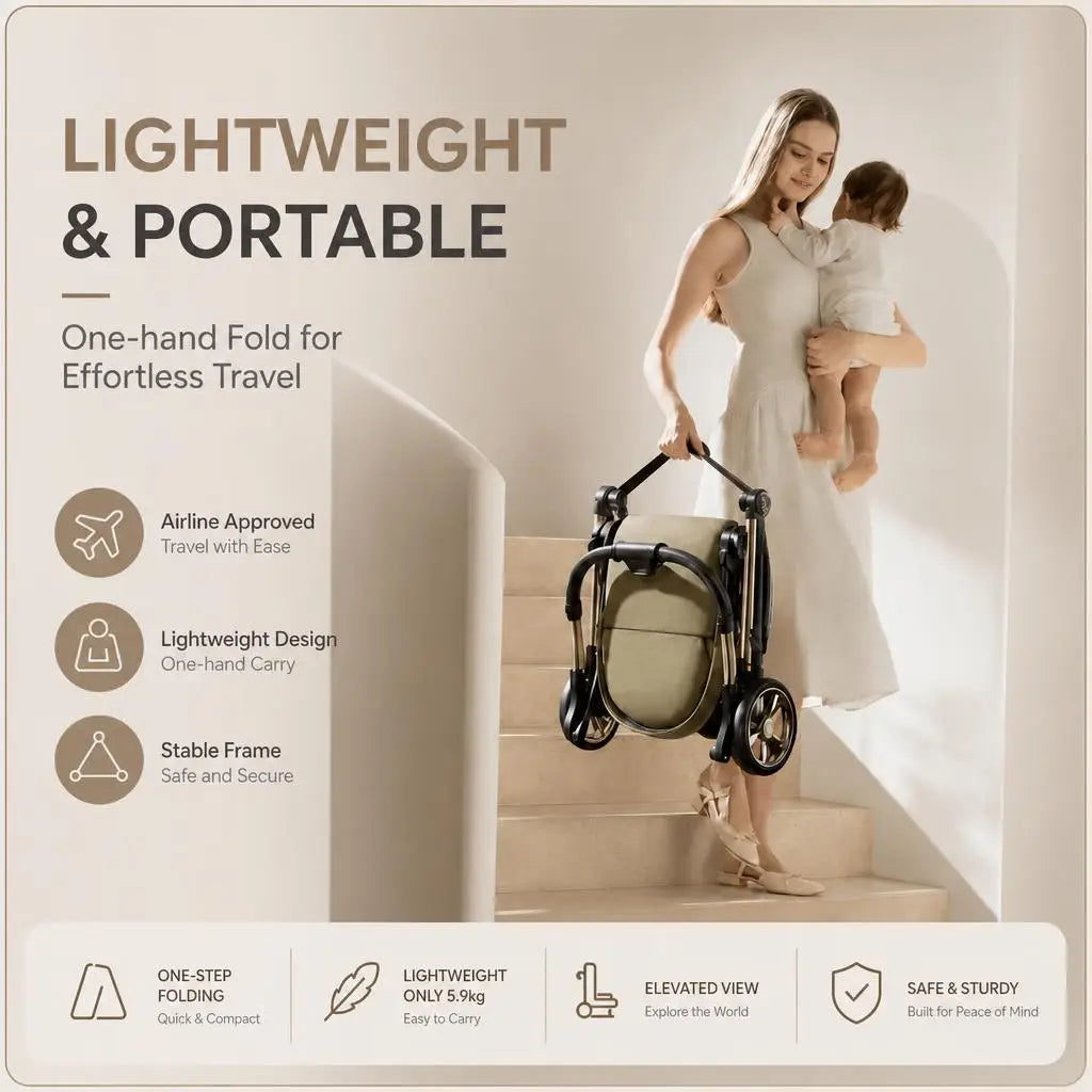 Passeggino portatile leggero in pelle a forma di uovo con cabina protettiva per la colonna vertebrale, design alto, pieghevole, spinta bidirezionale, quattro ruote con sospensioni, per bambini 0-3 anni