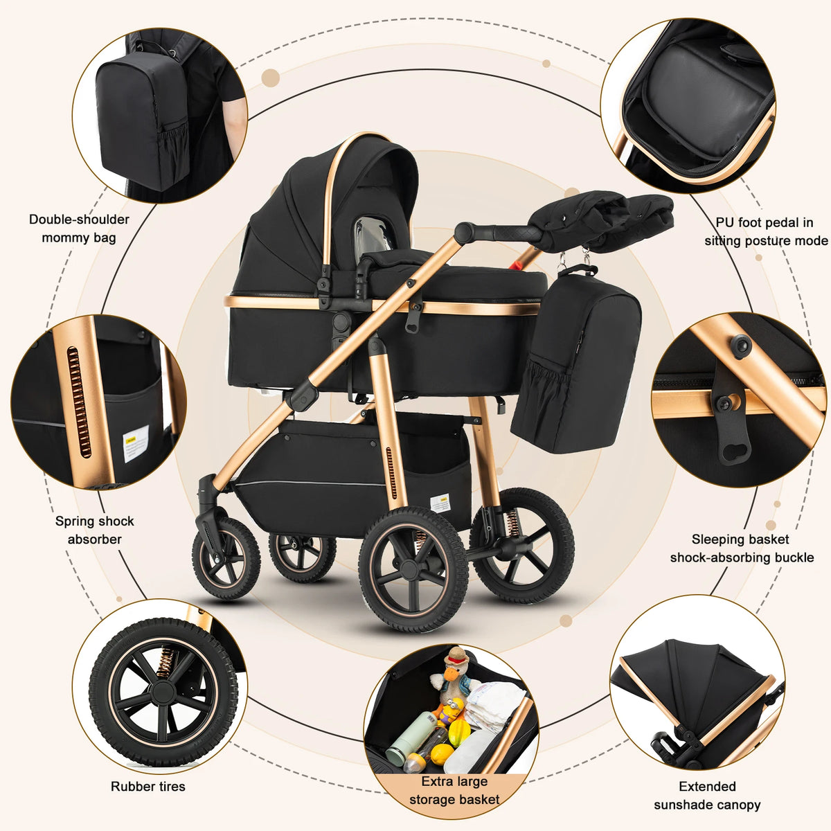Passeggino 3 in 1 High Landscape per Neonati, Carrozzina Pieghevole Portatile di Lusso con Seggiolino Auto e Navicella da Viaggio