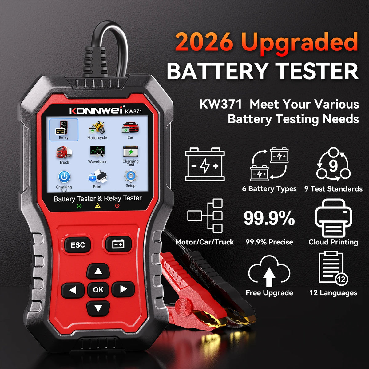 Tester Batteria Auto 2in1 KONNWEI KW371 2026 e Tester Relè a 4 Pin 5 Pin 6V 12V 24V con Stampa Dati Guasto, Test Avvio e Strumento di Scansione Ricarica