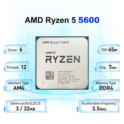 Processore Desktop AMD Ryzen 5 5600, 6C/12T, 4.4GHz, 32MB Cache, AM4, Senza Dissipatore Incluso