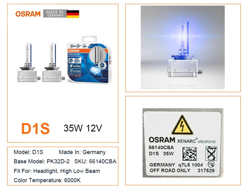 OSRAM HID D3S D1S D2S D4S Cool Blue Advance CBA Xenon Super White Faro per auto Fascio alto/basso Originale 6000K12V 35W (2 pezzi)