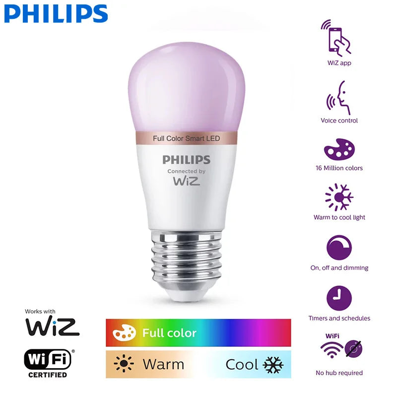 Philips WiZ 4.9W E27 P45 Wi-Fi e Bluetooth LED Smart Mini Ball Lampadina 220-240V 16 milioni di luci a colori smerigliate dimmerabili