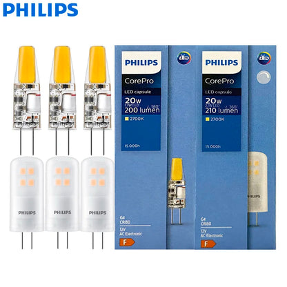 Lampadine LED G4 Philips 1.7W 2.1W (=20W Alogeno) CorePro 2700K Bianco AC 12V per Lampade da Scrivania e Decorative