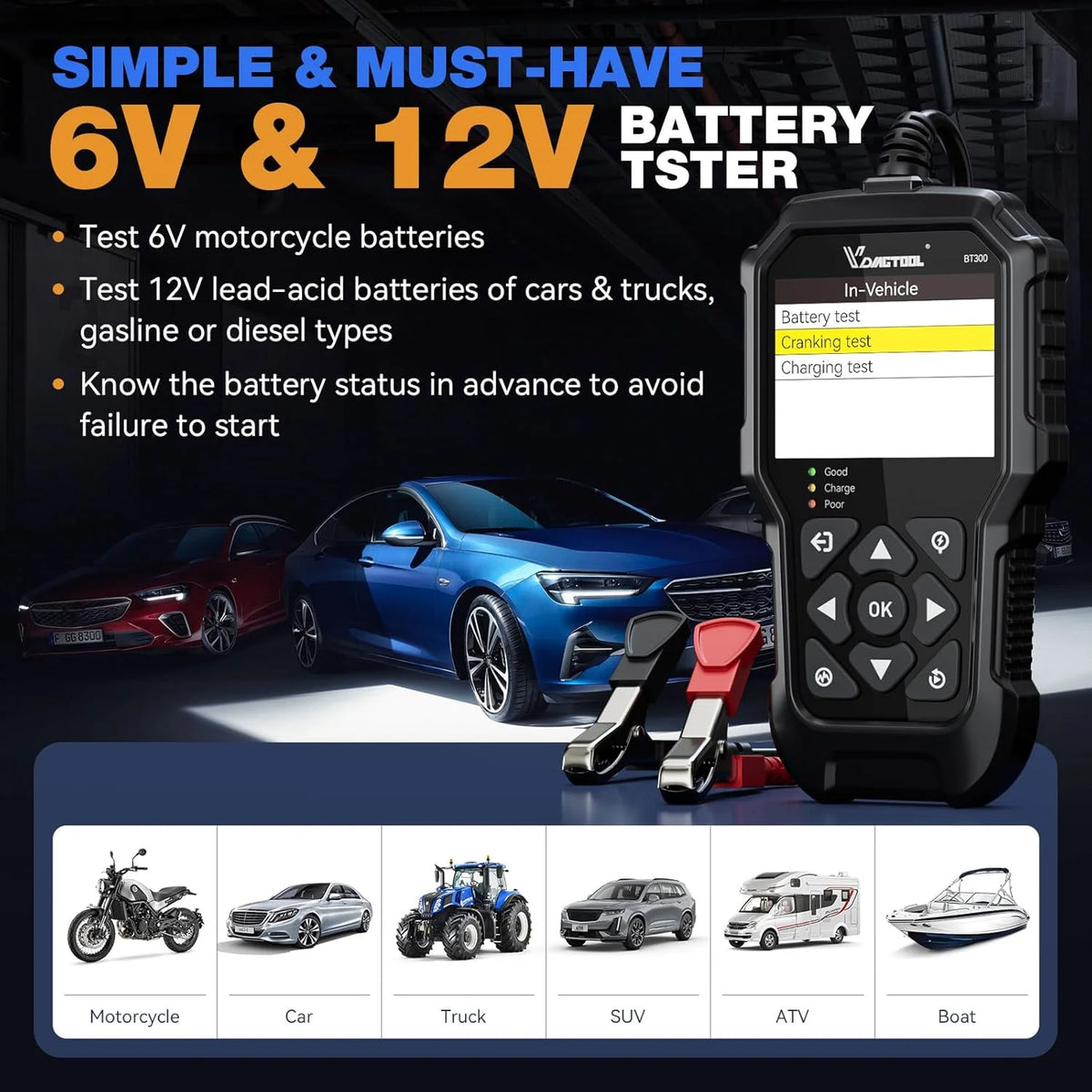 VDIAGTOOL BT300 Tester per Batterie Auto 6-12V, 5-3000 CCA per Analizzatore Batterie Auto, Camion, Moto con Test di Carica, Test di Avviamento, Test di Tensione SOH SOC, Strumento per Test del Sistema di Ricarica e Avviamento