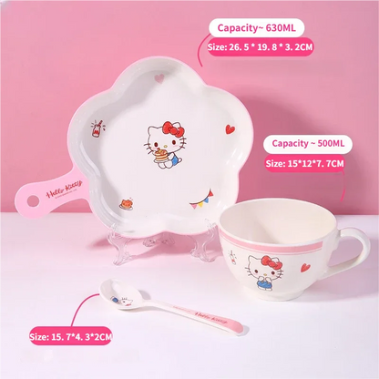 WUHE Set di Stoviglie per Bambini Hello Kitty, Ciotole e Piatti in Melamina, Design Cartoon per Ragazze, Senza BPA, Infrangibile, Lavabile in Lavastoviglie
