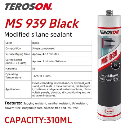 TEROSON MS 939 Sigillante Adesivo Elastico Polimerico MS Senza Cedimenti per Carrozzeria Auto, Camper, Roulotte, Giunti in Metallo e Plastica Nero Grigio