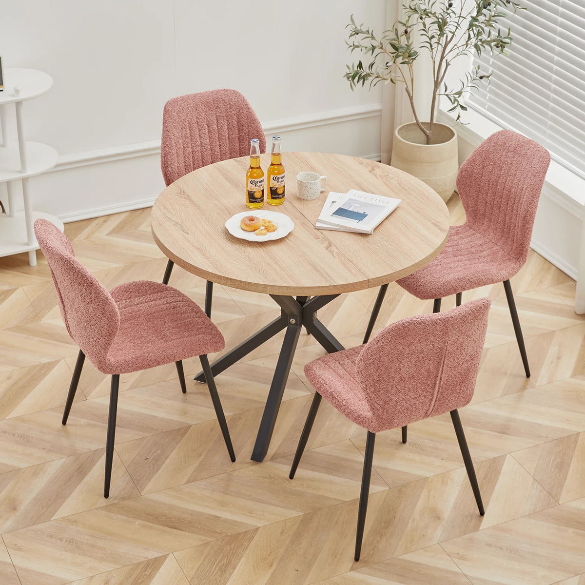 Tavolo da pranzo rotondo in stile nordico EGOONM, 100 cm, piano in MDF, gambe in metallo nero, ideale per sala da pranzo, cucina e arredamento della casa.