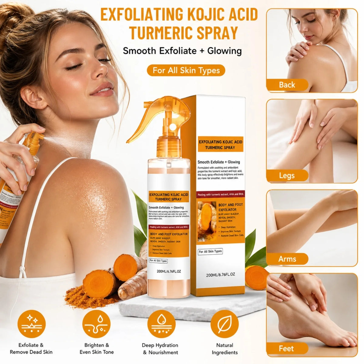 Set per la Cura della Pelle con Spray ed Siero Esfoliante all'Acido Kojico e Curcuma, Esfoliazione Delicata, Migliora il Tono Opaco, Kit Illuminante e Levigante