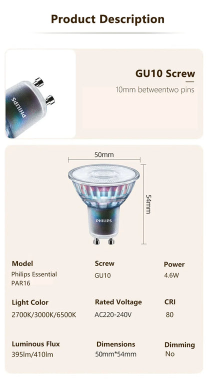 Faretto Philips Essential LED GU10 PAR16 Classic 4,6W (=50W alogeno) 220-240V Lampadine 36 °   Lampade da incasso a LED bianche di grado