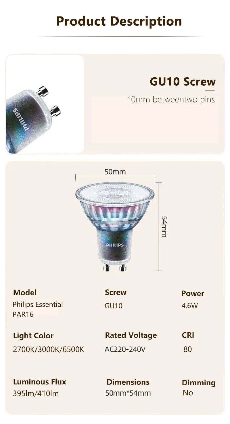 Philips LED GU10 PAR16 Essenziale 4,6W (=50W Alogeno) 220-240V 36 °   Lampada spot classica di grado 2700K 3000K 6500K Faretto LED bianco