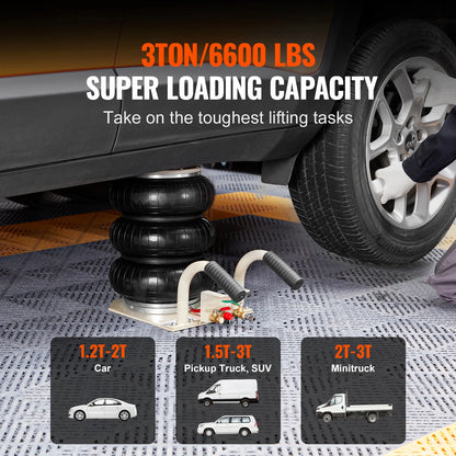 SucceBuy Martinetto pneumatico a tripla borsa Capacità 3 tonnellate (6600 libbre) Martinetto pneumatico portatile per auto Resistente e sollevamento rapido per riparazioni di garage