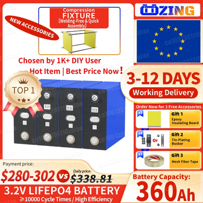 Magazzino UE 360Ah LiFePO4 Batteria 3.2V agli ioni di litio LFP Akku Cell FAI DA TE RV Barca Nave Carrelli da golf Energia solare Sistema di accumulo di energia domestica