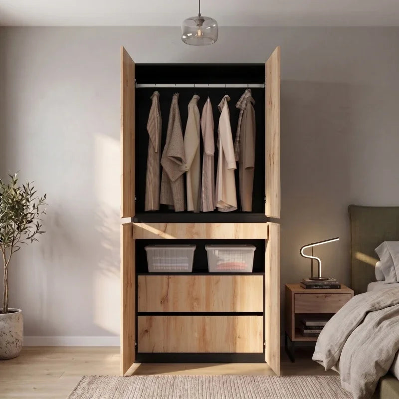Armadio moderno 90x200 cm con cassetto per gioielli, 4 ante, 1 binario, 3 cassetti, finitura in rovere/bianco, armadio alto per camera da letto, corridoio, ufficio, mobile contenitore in MDF