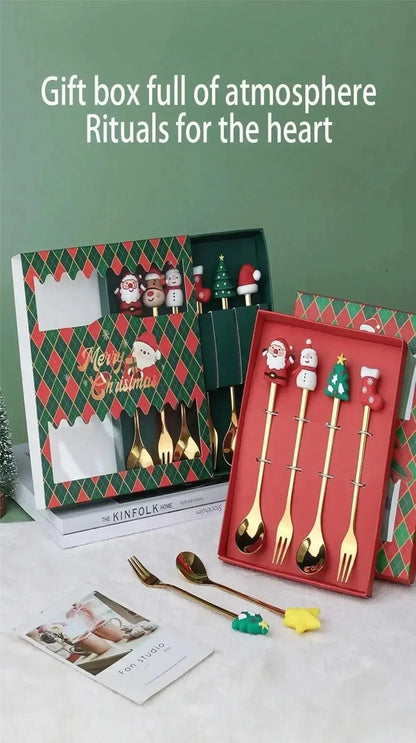 Set cucchiaio e forchetta natalizio in acciaio inossidabile caffè tè utensili da dessert confezione regalo design albero di Babbo Natale facile da pulire     6/4/2/1PZ