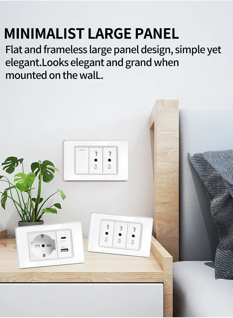 Prese per interruttori a muro T&I con tipo USB  C Ricarica rapida, presa Italia, presa Schuko Cile, pannello in vetro temperato per la casa