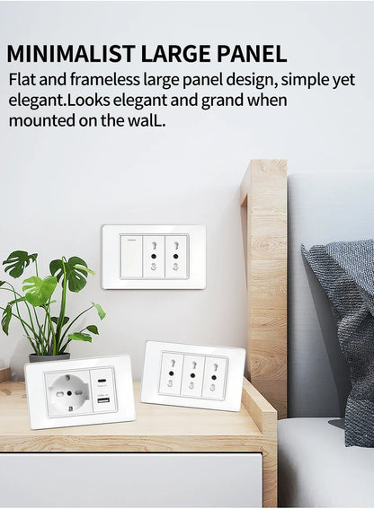 Prese per interruttori a muro T&I con tipo USB  C Ricarica rapida, presa Italia, presa Schuko Cile, pannello in vetro temperato per la casa